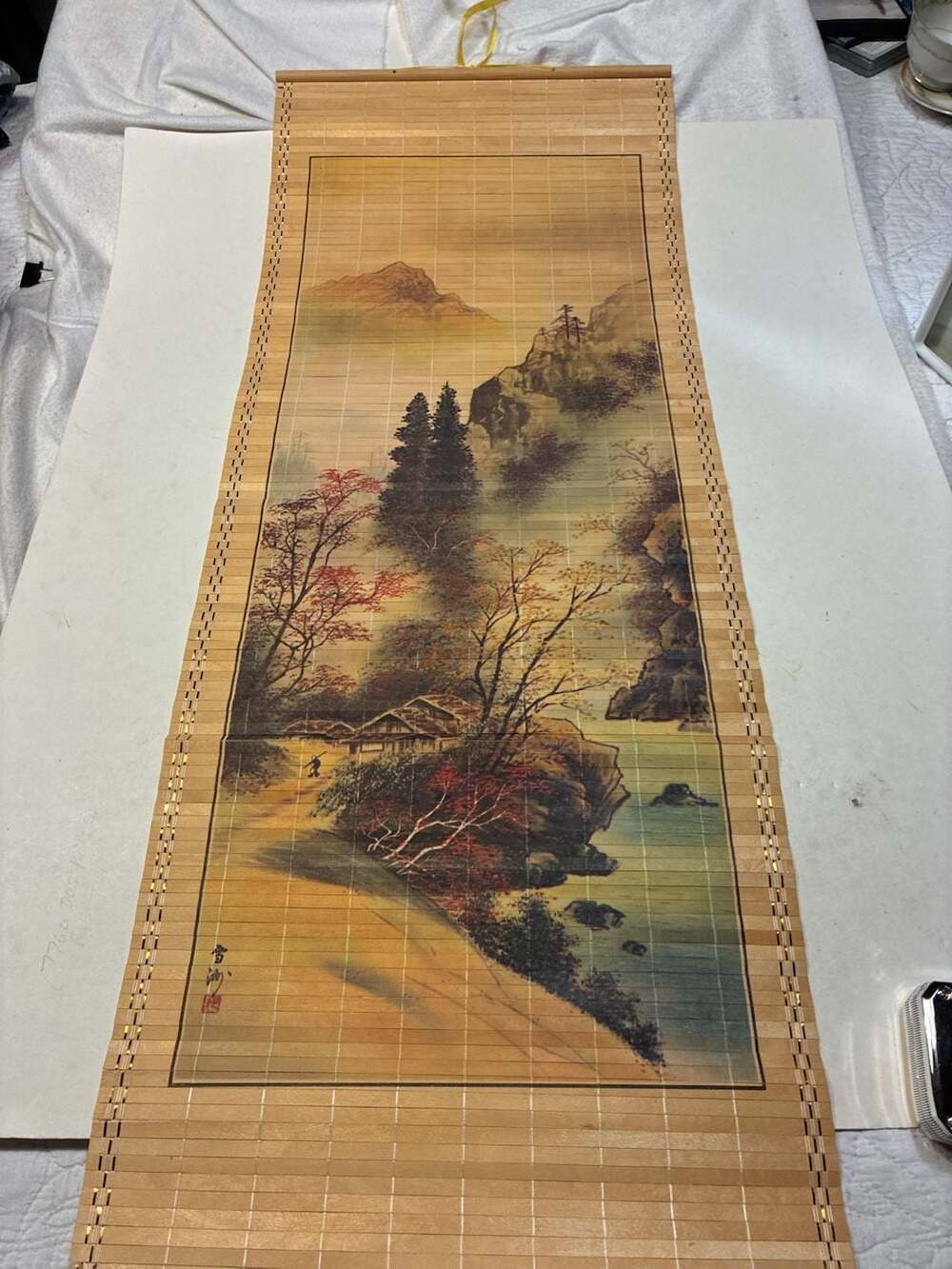 Vintage Asian Bamboo Scroll Hanging Wall Art Landscape Painting